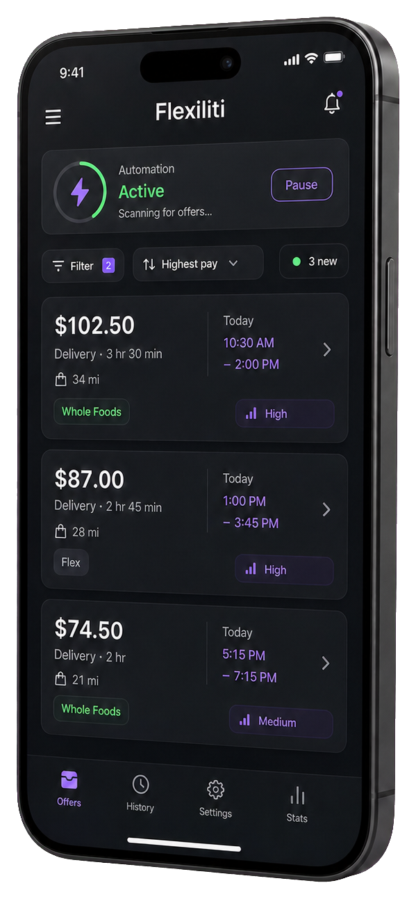 Flexiliti app showing available delivery offers